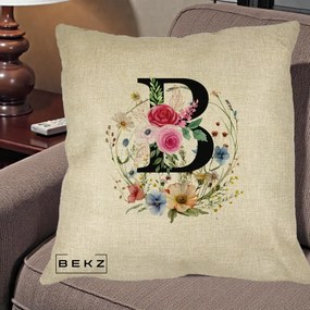Cadou Personalizat - Perna Personalizata Monogram Litera B cu Flori Acuarela, 40x40 cm, Crem, Husa Detasabila, Perna Inclusa, BEKZ®
