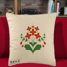 Perna Decorativa Buchet Floral Folk Rosu-Verde, 40x40 cm, Bej, Husa Detasabila, Perna Inclusa, BEKZ®