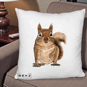 Perna Decorativa Veverita Acuarela, 40x40 cm, Alb Pufos, Husa Detasabila, Perna Inclusa, BEKZ®