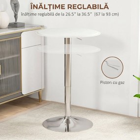 HOMCOM Masă de Bar Rotundă Ø63 cm, Reglabilă pe Înălțime 67-93 cm, cu Structură Metalică și Blat Rotativ 360°, Albă | Aosom Romania