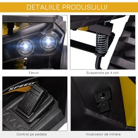 ATV Electric pentru Copii 12V, 3-5 Ani, Faruri, Muzica, Pedale 100x65x73cm - Negru/Galben HOMCOM | Aosom RO