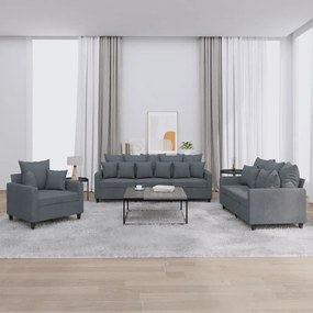 vidaXL Set de canapele cu perne, 3 piese, gri închis, catifea