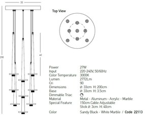 Lustra moderna cu 9 pendule LED STORM negru/ marmura alba