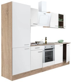 Mobilă de bucătărie Yorki 270, corp din stejar sonoma, față alb satinat, element inferior cuptor, dulap raft