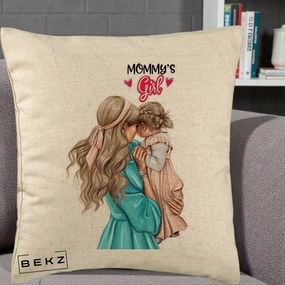 Cadou pentru Mama - Perna Personalizata Mommy's Girl Mama si Fetita, 40x40 cm, Bej, Husa Detasabila, Perna Inclusa, BEKZ®