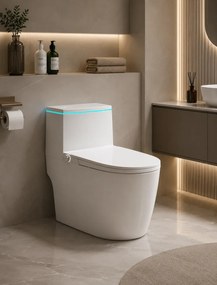 Smart WC 909 – Vas de Toaletă Inteligent cu Bideu Integrat, Rezervor Încorporat, Afișaj LED, Încălzire Colac, Uscare cu Aer Cald, Iluminare Ambientală RGB, Telecomandă, Ceramică Premium, Alb