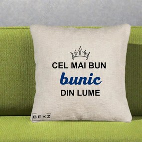 Cadou pentru Bunic - Perna Personalizata Cel Mai Bun Bunic Din Lume Coroana Albastra, 40x40 cm, Bej Canapea, Husa Detasabila, Perna Inclusa, BEKZ®