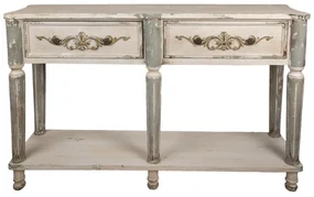 Consolă shabby chic din lemn, cu ornamente sculptate și finisaj gri antichizat, Marguerite