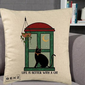 Perna Personalizata Life is Better with a Cat Geam, 40x40 cm, Bej, Husa Detasabila, Perna Inclusa, BEKZ®