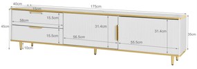 Mobilă TV joasă cu textură sculptată, mânere și picioare aurii, structură cu efect de marmură pentru living, 175x40x45 cm, albă