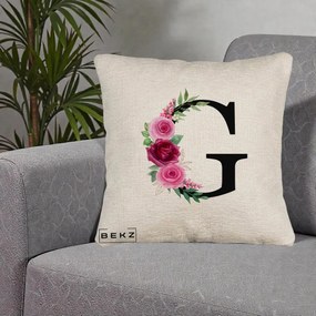 Cadou Personalizat - Perna Personalizata Monograma Florala Litera G, 40x40 cm, Bej Canapea, Husa Detasabila, Perna Inclusa, BEKZ®