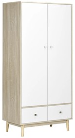 HOMCOM Dulap haine, 2 sertare si cuier, cu 2 usi, cu 4 compartimente, dulap cu sertar rezistent la apa si usor de curatat, alb, 90x50x190cm | Aosom Romania