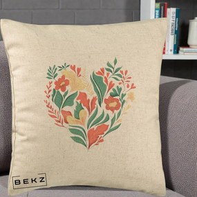 Perna Decorativa Inima Florala Botanica, 40x40 cm, Bej, Husa Detasabila, Perna Inclusa, BEKZ®