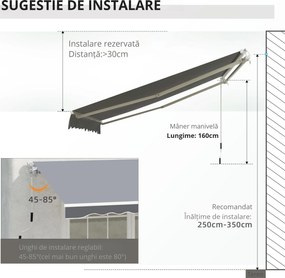 Outsunny Copertină de Soare Retractabilă Manual din Aluminiu și Țesătură Poliester, 2,5x2 m, Gri | Aosom Romania