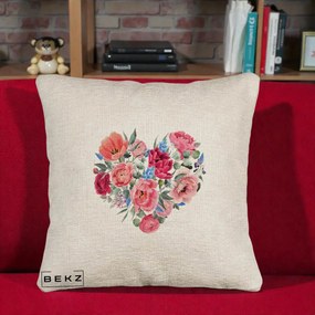 Perna Decorativa Inima din Bujori Acuarela, 40x40 cm, Bej Canapea, Husa Detasabila, Perna Inclusa, BEKZ®