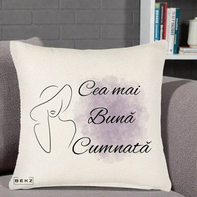 Cadou pentru Cumnata - Perna Personalizata Cea mai Buna Cumnata cu Silueta Dama si Pete Violet, 40x40 cm, Crem Reliefat, Husa Detasabila, Perna Inclusa, BEKZ®