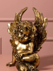 Statuetă decorativă heruvim din rășină, auriu, aripi și bucle fin sculptate, finisaj antichizat, 37 x 17 x 20 cm, „Chérubin”