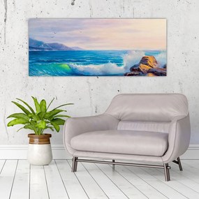 Tablou - Valuri lovind stânci, pictură în ulei (120x50 cm)