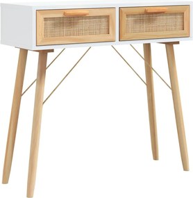 vidaXL Masă consolă alb 80x30x75 cm lemn masiv pin și ratan natural