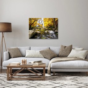 Tablou pe sticlă - Cascade în peisaj de toamnă, galben (70x50 cm)