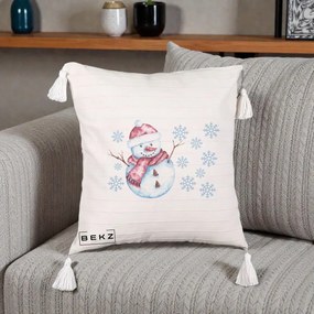 Perna Decorativa Om de Zapada Rosu cu Fulgi, 40x40 cm, Bej cu Franjuri, Husa Detasabila, Perna Inclusa, BEKZ®