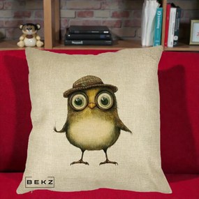 Perna Decorativa Pui Intelectual cu Palarie Tweed, 40x40 cm, Crem, Husa Detasabila, Perna Inclusa, BEKZ®