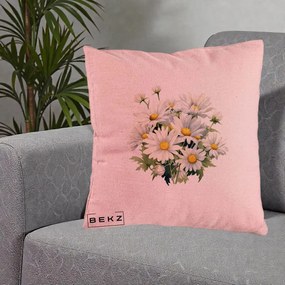 Perna Decorativa Buchet Margarete Albe Acuarela, 40x40 cm, Roz, Husa Detasabila, Perna Inclusa, BEKZ®