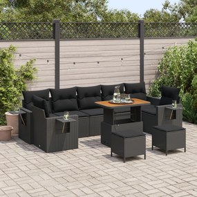 vidaXL Set de canapele de grădină cu 10 piese și perne, Negru, Poly Rattan, Acacia.