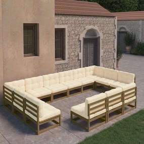 3077247 vidaXL Set mobilier grădină cu perne, 13 piese, maro, lemn masiv pin