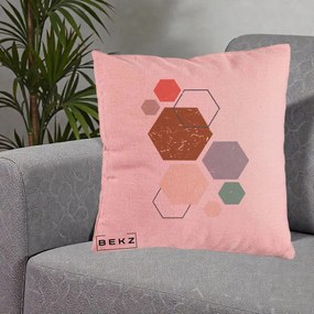 Perna Decorativa Geometric Hexagoane Multicolor, 40x40 cm, Roz, Husa Detasabila, Perna Inclusa, BEKZ®