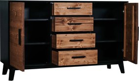 Comodă lemn masiv Timeless 4 Sertare 2 Uși Negru, 146 × 45 × 85 cm