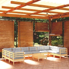 3097336 vidaXL Set mobilier de grădină cu perne, 11 piese, gri, lemn masiv pin