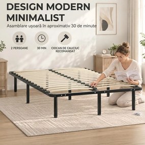 HOMCOM Pat Industrial 120x190x31 cm cu 28 de Lamele și Spațiu de Depozitare, Lemn și Oțel, Negru și Lemn Natural | Aosom Romania