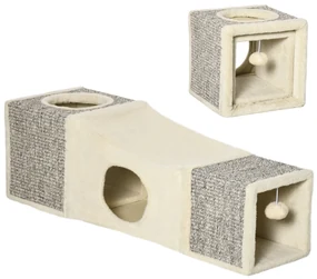 PawHut Tunel Pliabil pentru Pisici cu Căsuțe și Zgârâietori, Jucării cu Minge de Pluș și Sisal, 98x30x30 cm, Alb Crem | Aosom Romania