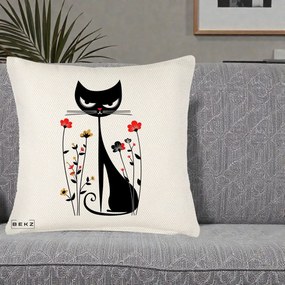 Perna Decorativa Pisica Neagra Grafica Flori Rosii, 40x40 cm, Crem Reliefat, Husa Detasabila, Perna Inclusa, BEKZ®
