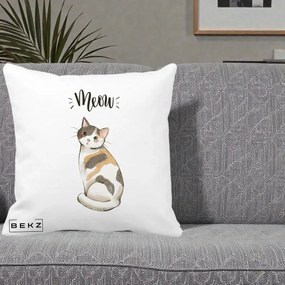 Perna Personalizata Pisica Meow Acuarela, 40x40 cm, Alba Mata, Husa Detasabila, Perna Inclusa, BEKZ®