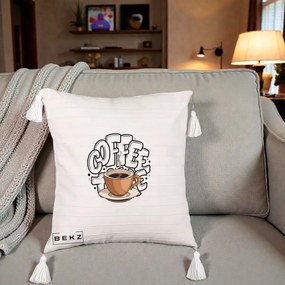 Perna Personalizata COFFEE cu Cana, 40x40 cm, Bej cu Franjuri, Husa Detasabila, Perna Inclusa, BEKZ®