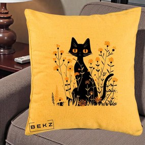 Perna Decorativa Pisica Neagra Ochi Galbeni Flori Galbene, 40x40 cm, Galben, Husa Detasabila, Perna Inclusa, BEKZ®