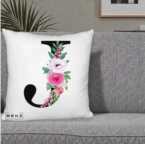 Cadou Personalizat - Perna Personalizata Monograma Florala Litera J, 40x40 cm, Alb Pufos, Husa Detasabila, Perna Inclusa, BEKZ®
