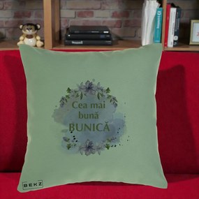 Cadou pentru Bunica - Perna Personalizata Cea Mai Buna Bunica Flori Mov Acuarela Auriu, 40x40 cm, Verde, Husa Detasabila, Perna Inclusa, BEKZ®