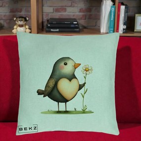 Perna Decorativa Pasare cu Inima si Margareta, 40x40 cm, Verde Menta, Husa Detasabila, Perna Inclusa, BEKZ®