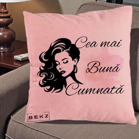 Cadou pentru Cumnata - Perna Personalizata Cea mai Buna Cumnata cu Silueta Dama si Pete Roz, 40x40 cm, Roz, Husa Detasabila, Perna Inclusa, BEKZ®