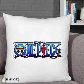 Perna Personalizata One Piece Clasic Albastru, 40x40 cm, Alb Pufos, Husa Detasabila, Perna Inclusa, BEKZ®