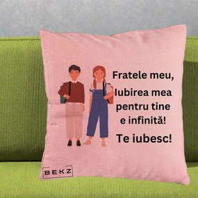 Cadou pentru Frate - Perna Personalizata Fratele Meu Te Iubesc Elevi Ilustratie Colorata, 40x40 cm, Roz, Husa Detasabila, Perna Inclusa, BEKZ®