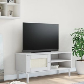 Comoda TV SENJA aspect ratan alb, 106x40x49 cm, lemn masiv pin