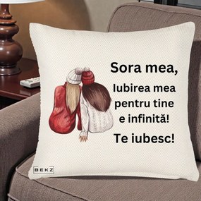 Cadou pentru Sora - Perna Personalizata Sora Mea Te Iubesc Doua Fete Iarna Acuarela, 40x40 cm, Crem Reliefat, Husa Detasabila, Perna Inclusa, BEKZ®