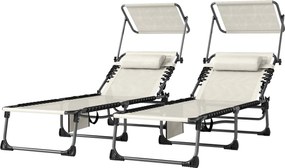 Outsunny Set de 2 Șezlonguri Pliabile cu Pernă pentru Cap Copertină Buzunar Lateral și Spătar Reglabil în 5 Poziții Crem | Aosom Romania