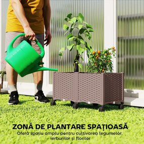 Outsunny Jardinieră Ridicată din Plastic, 85L, Spațiu pentru Grădinărit în Aer Liber cu Roți Blocate, Sistem de Autoirigare, Orificii de Drenaj, Ideală pentru Plante, Legume și Flori, Maro | Aosom Romania