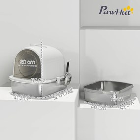 PawHut Litieră închisă pentru pisici L din oțel inoxidabil, cu mâner, lopățică și plic deodorant, anti-risipire, albă | Aosom Romania