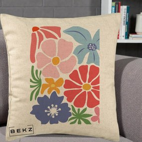 Perna Decorativa Flori Grafice Roz-Rosu-Albastru, 40x40 cm, Bej, Husa Detasabila, Perna Inclusa, BEKZ®
